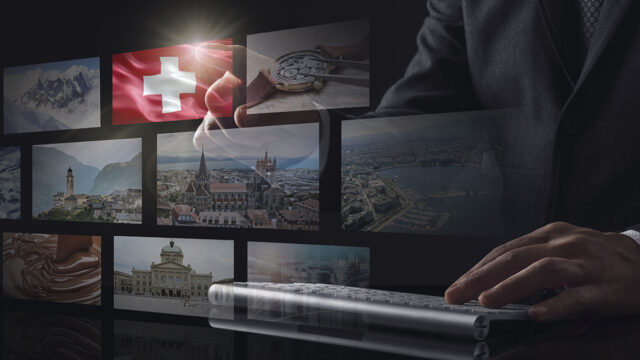 Businessman working on screen with Switzerland Switzerland e-commerce